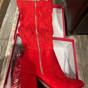 Red Wide Calf Over Knee Boots Thick Thigh Friendly Size 9 10